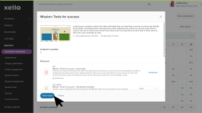 Educator account in Xello. The Mission: Tools for success lesson modal is open. The cursor is clicking View report.